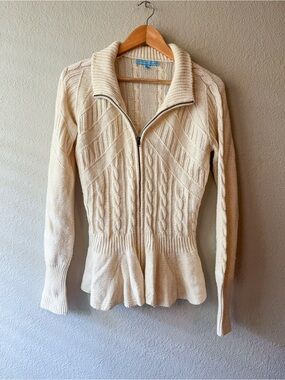 Antonio Melani Merino Wool Cable Knit Zip-Front Peplum Sweater